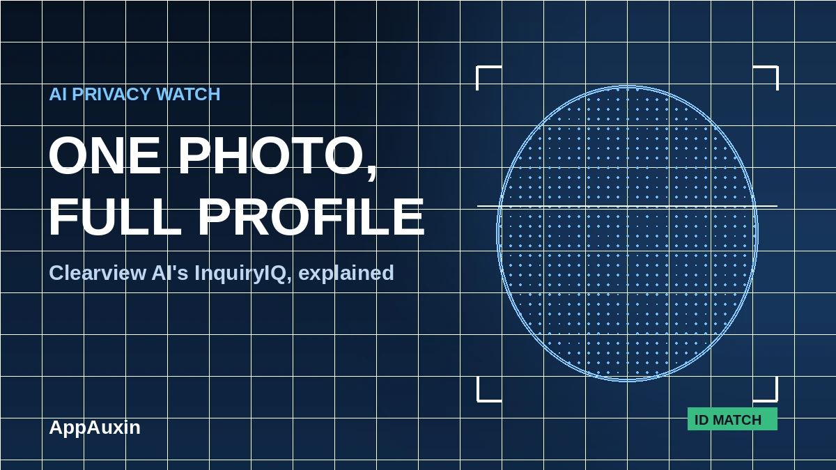 Illustration of Clearview AI InquiryIQ scanning a face and building a digital profile