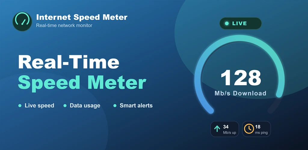 Internet Speed Meter - real-time network monitor showing live speed, data usage and smart alerts