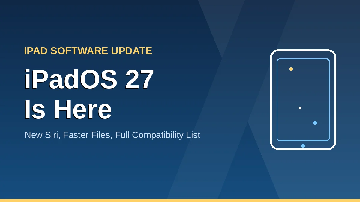 iPadOS 27 update graphic showing new Siri and faster file transfer features for iPad