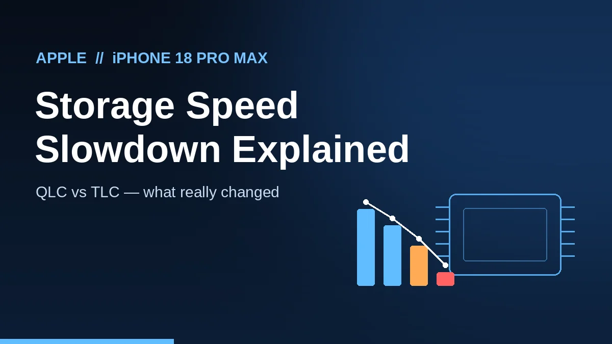Graphic showing iPhone 18 Pro Max storage speed dropping as a chip and declining speed bars illustrate the QLC versus TLC NAND slowdown