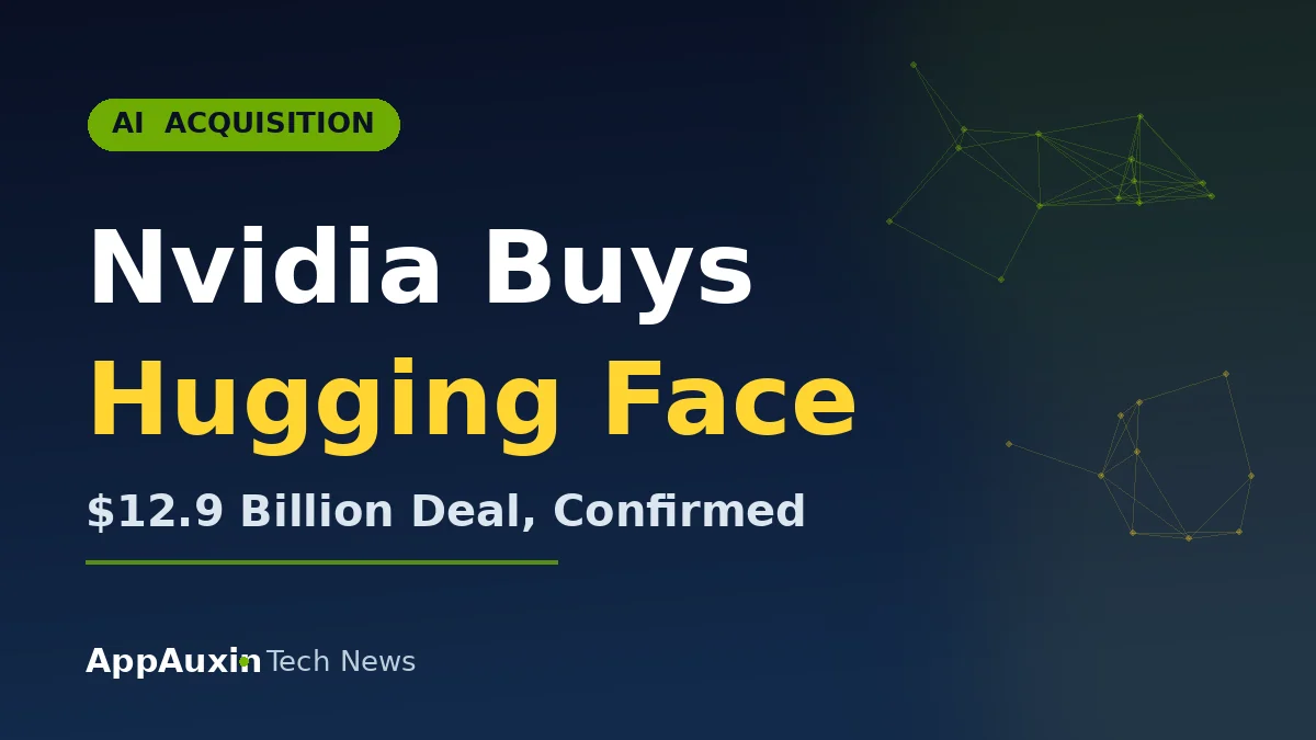 Nvidia Hugging Face acquisition illustration with $12.9 billion deal text on a dark tech background