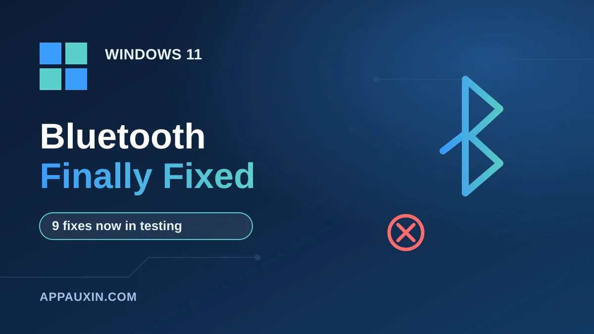 Windows 11 Bluetooth fixes concept graphic showing a Bluetooth icon next to a broken connection symbol