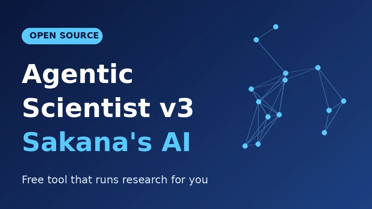 Agentic Scientist v3 from Sakana AI shown as a glowing node network on a dark blue background