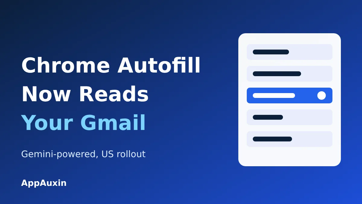 Chrome enhanced autofill now reading Gmail, shown as a form suggestion menu on a blue gradient