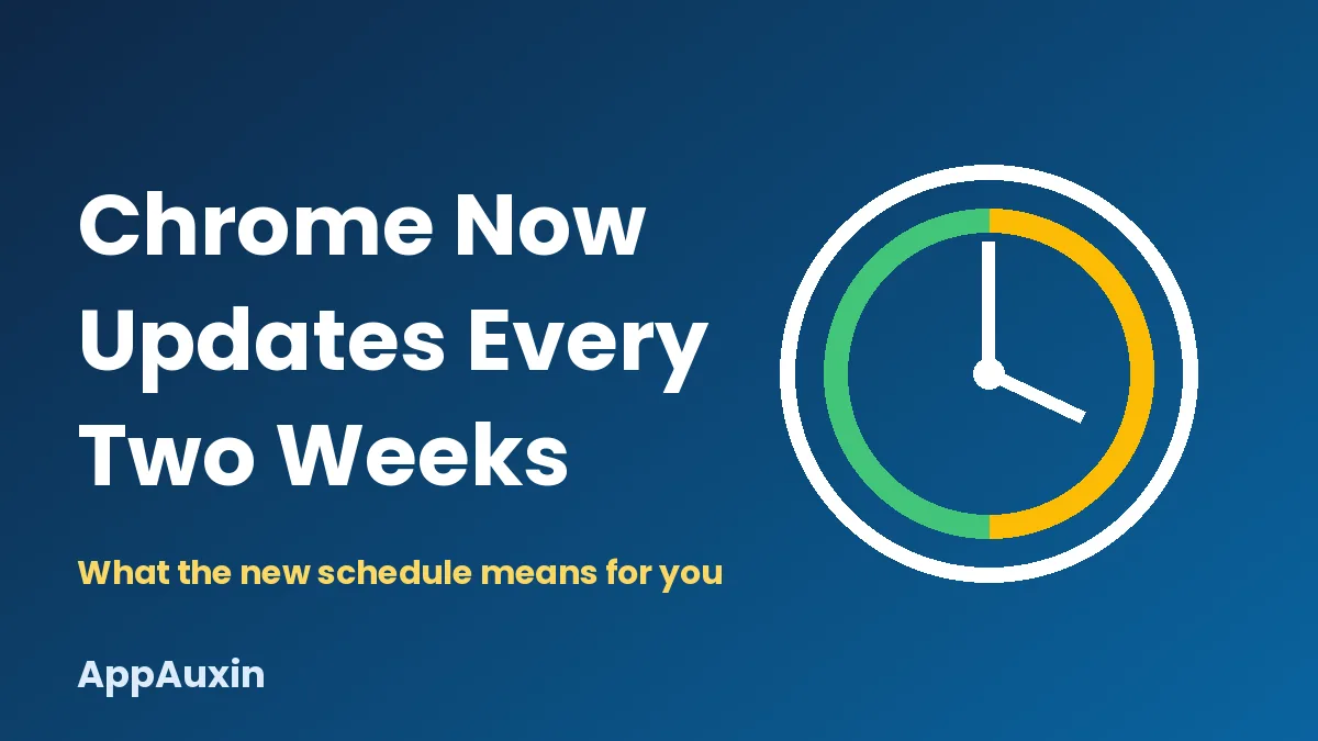 Clock graphic showing the Chrome two-week release cycle, with the text Chrome now updates every two weeks