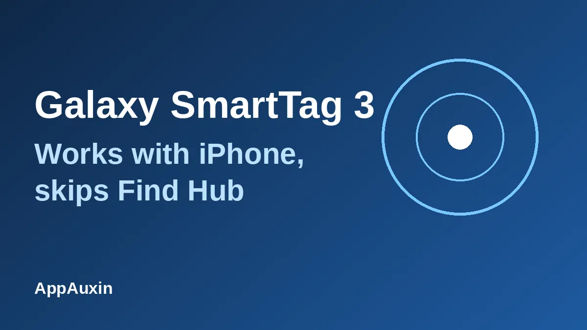 Galaxy SmartTag 3 graphic with a tracking signal icon, noting iPhone support but no Find Hub