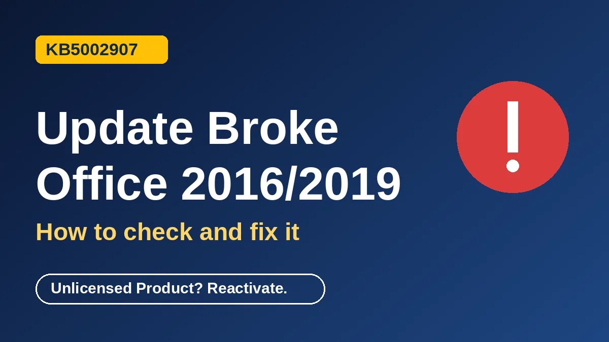 KB5002907 Office update warning graphic about Office 2016 and 2019 showing Unlicensed Product