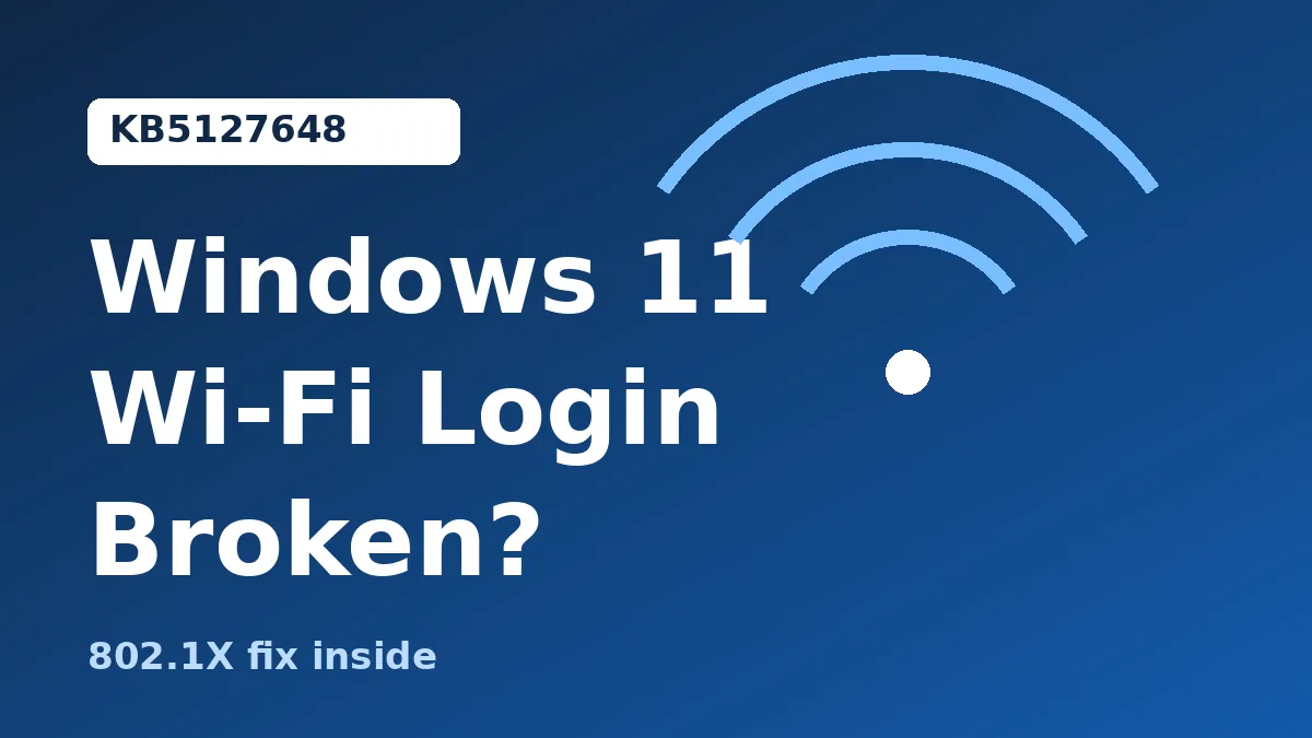 Windows 11 KB5127648 Wi-Fi login broken, with a Wi-Fi symbol and 802.1X fix label