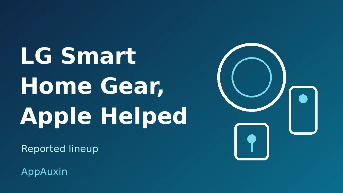 LG smart home accessories reportedly made with Apple: thermostat, lock and doorbell icons on a blue background