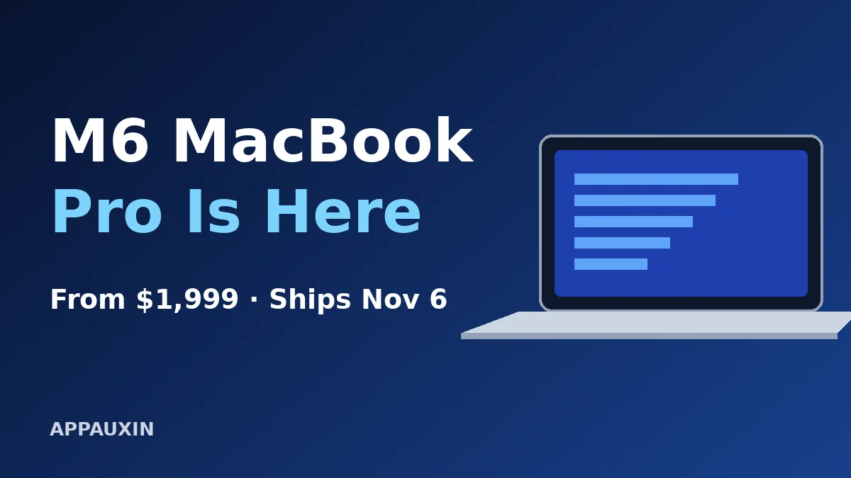 M6 MacBook Pro announcement graphic with a laptop illustration, price from $1,999 and November 6 ship date