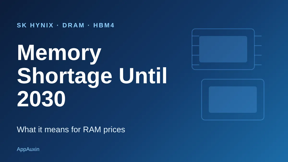 Graphic reading Memory Shortage Until 2030 with memory chip outlines, about the memory shortage 2030 forecast from SK Hynix