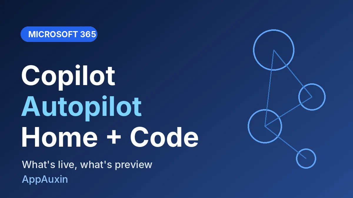Microsoft Copilot Autopilot, Home and Code shown as a blue graphic with connected agent nodes