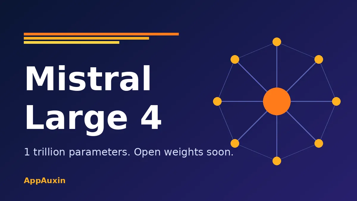 Mistral Large 4 title graphic with a network diagram on a dark blue background