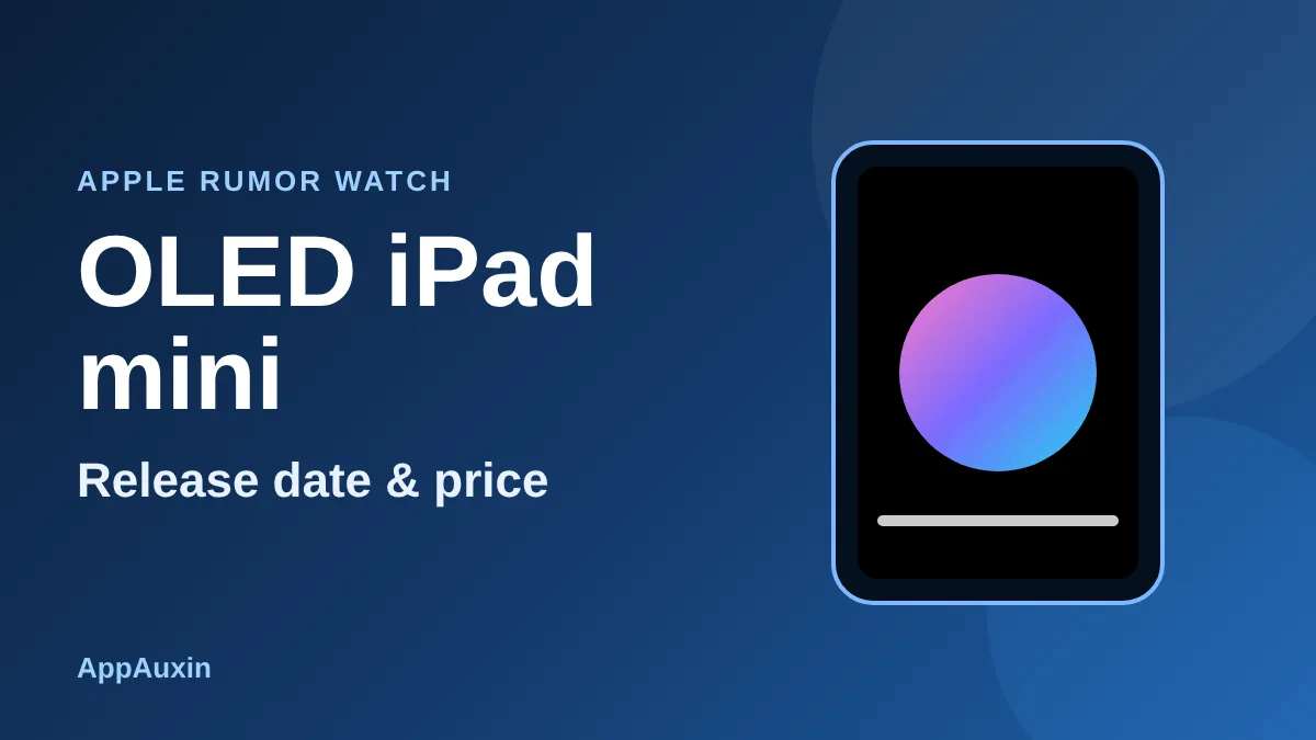 OLED iPad mini illustration with a glowing OLED screen and the text release date and price