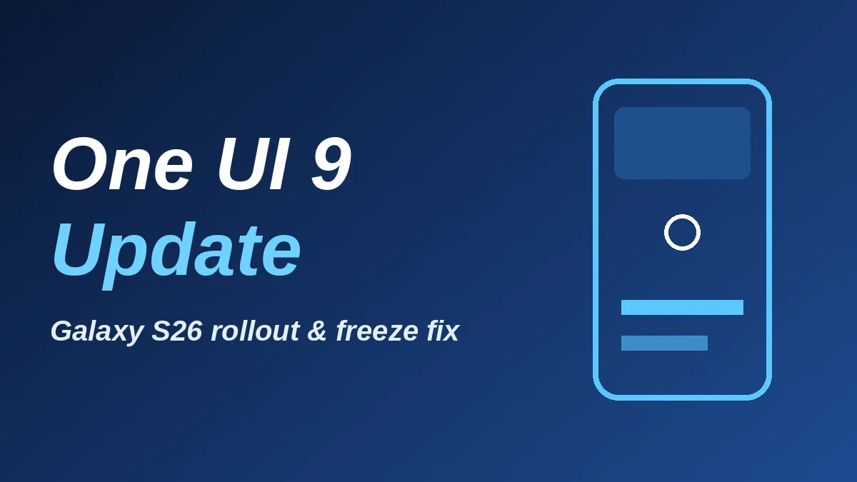 One UI 9 update on a Galaxy S26 phone with a blue gradient background