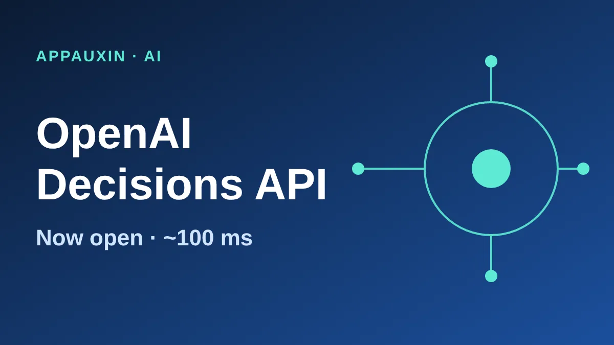 OpenAI Decisions API headline graphic with a glowing decision-node diagram on a dark blue gradient