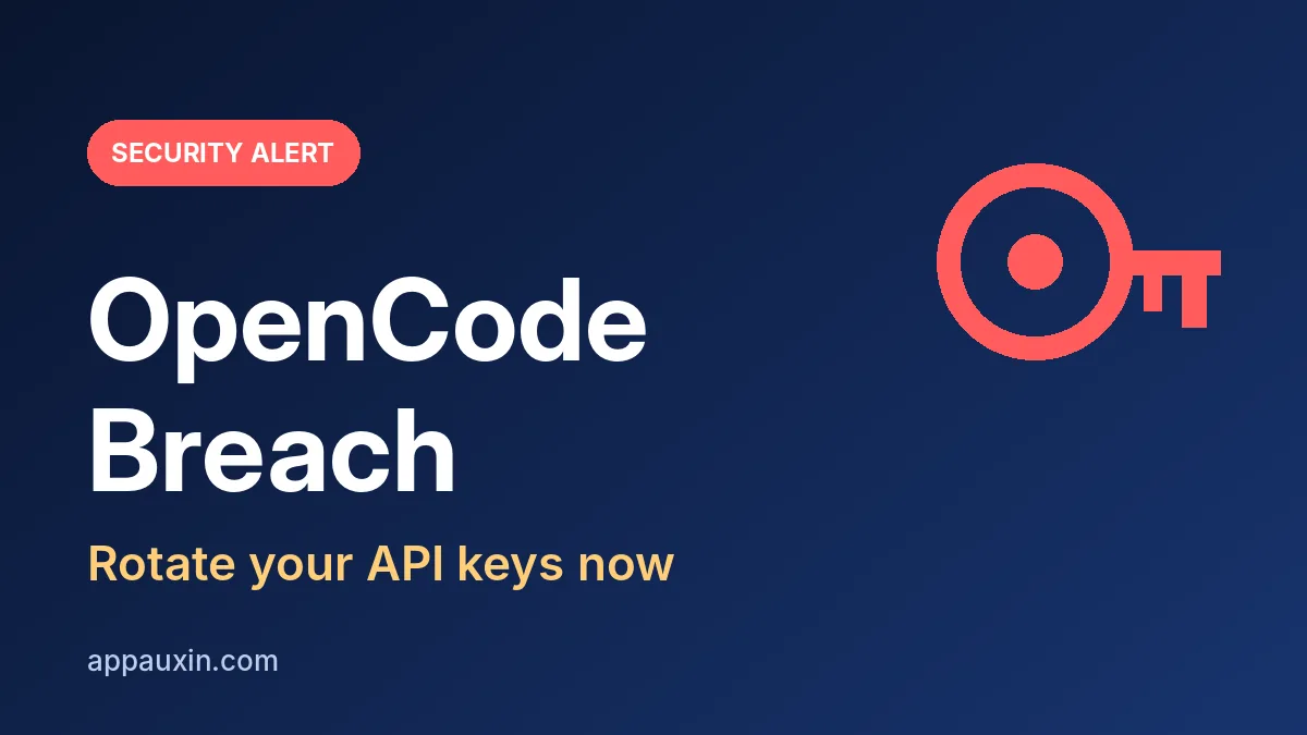 OpenCode breach alert graphic with a red key icon and the text rotate your API keys now