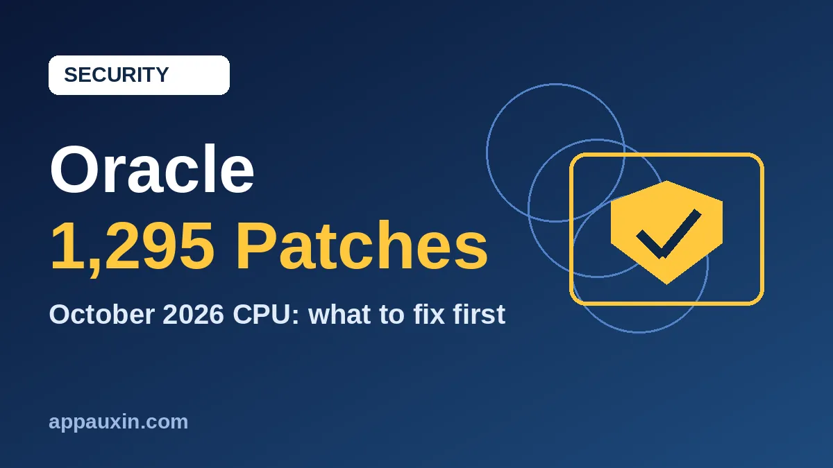 Oracle October 2026 CPU graphic showing 1,295 security patches and a shield with a check mark