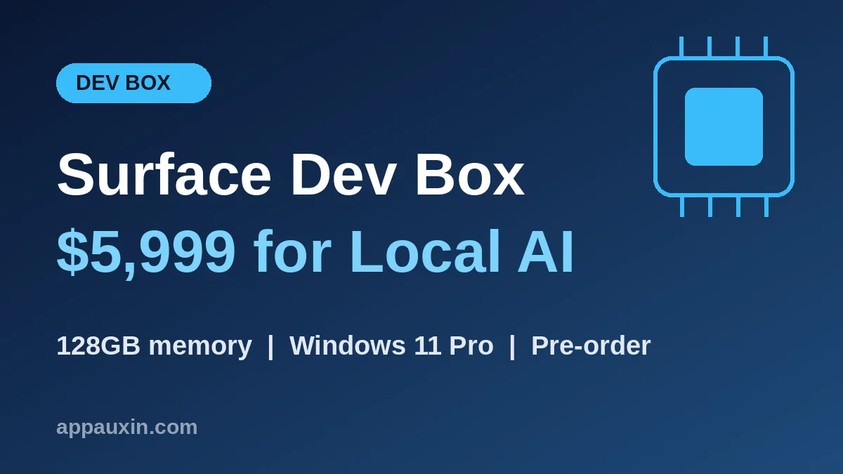 Surface RTX Spark Dev Box graphic showing a chip icon, the $5,999 price and 128GB memory