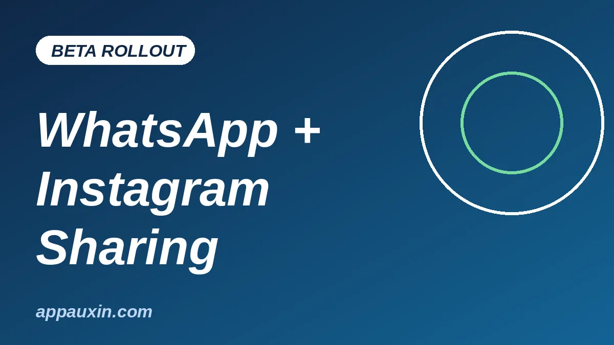 WhatsApp Instagram sharing beta graphic with the words WhatsApp plus Instagram Sharing on a blue gradient