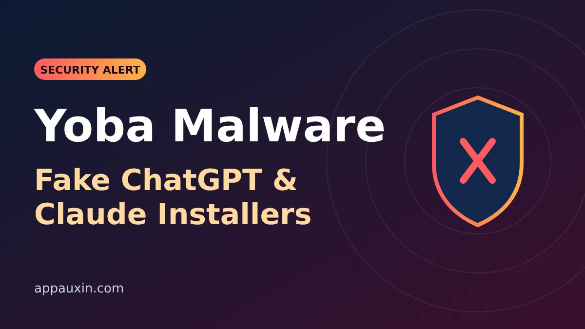 Shield with a red X and the words Yoba malware, fake ChatGPT and Claude installers